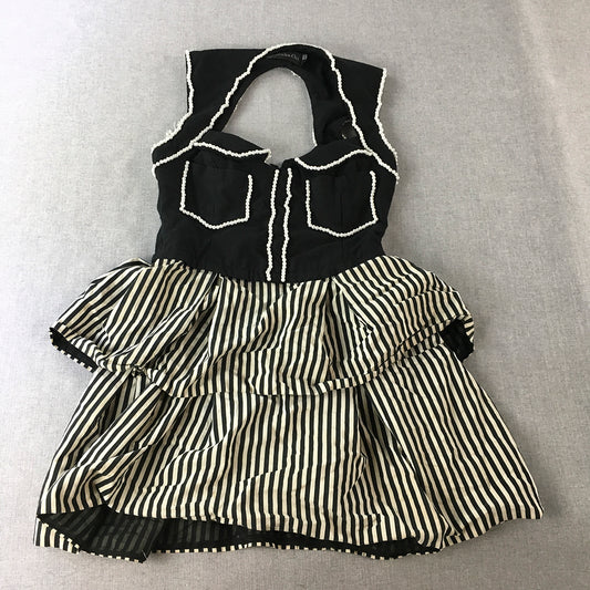 Shakuhachi Womens Silk Mini Dress Size 10 Black White Striped Frilled Fit Flare