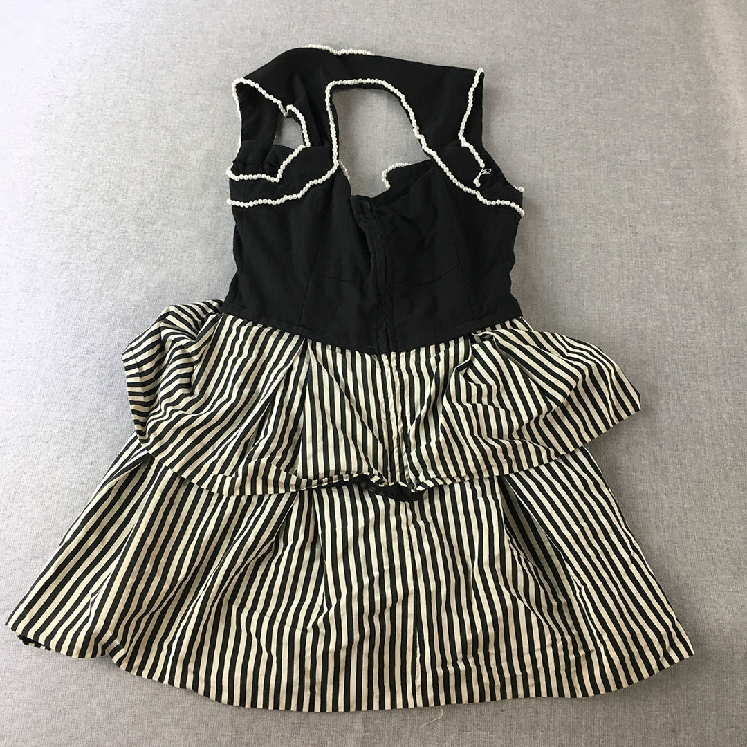 Shakuhachi Womens Silk Mini Dress Size 10 Black White Striped Frilled Fit Flare