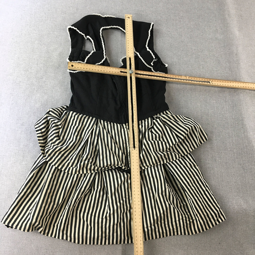 Shakuhachi Womens Silk Mini Dress Size 10 Black White Striped Frilled Fit Flare