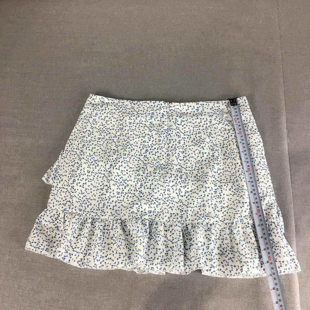 Atmos & Here Womens Mini Skirt Size 14 White Blue Floral A-Line