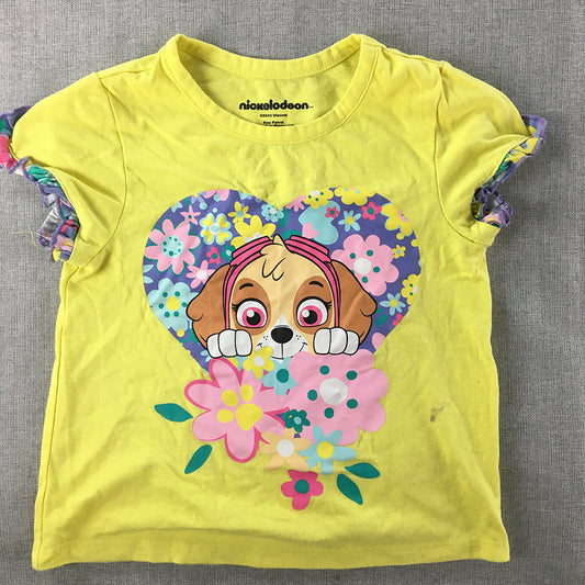 Paw Patrol Kids Girls T-Shirt Size 4 Toddler Yellow Floral Puppy Dog Top