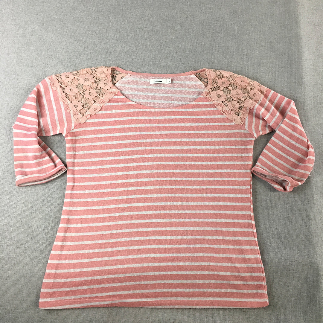 Bossini Womens Knit Top Size L Pink Striped Floral Lace 3/4 Length Sleeves