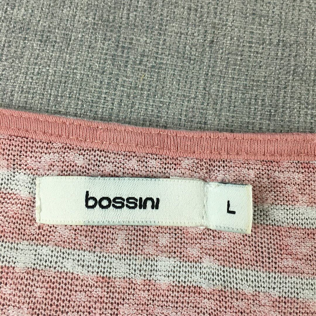 Bossini Womens Knit Top Size L Pink Striped Floral Lace 3/4 Length Sleeves