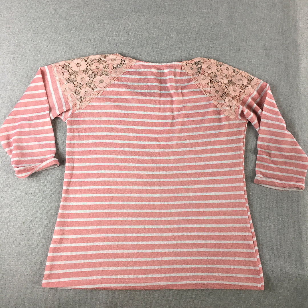 Bossini Womens Knit Top Size L Pink Striped Floral Lace 3/4 Length Sleeves