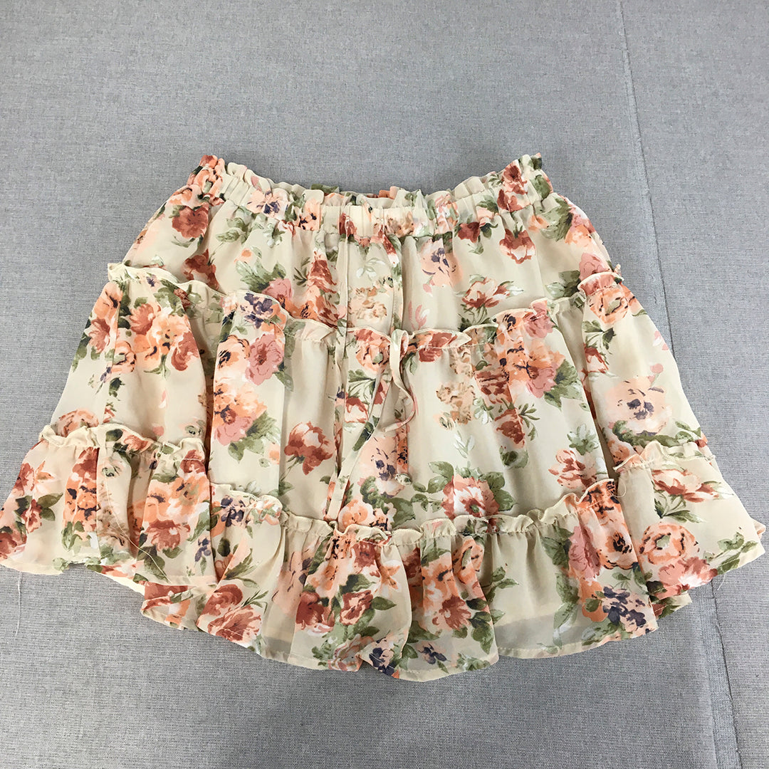 Ally Womens Tiered Mini Skirt Size 14 Cream Beige Pink Floral Elastic Waist