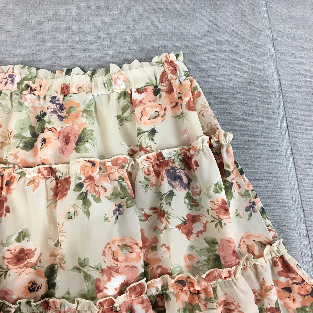 Ally Womens Tiered Mini Skirt Size 14 Cream Beige Pink Floral Elastic Waist