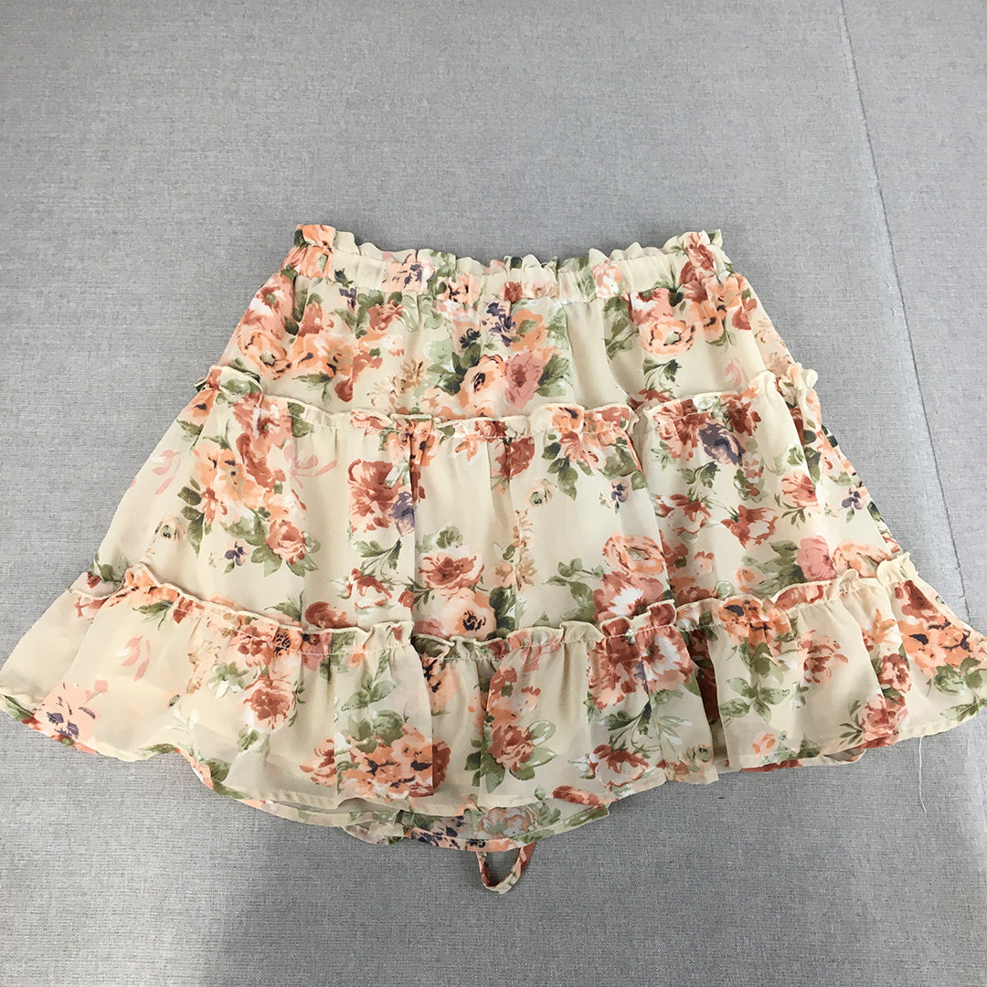 Ally Womens Tiered Mini Skirt Size 14 Cream Beige Pink Floral Elastic Waist