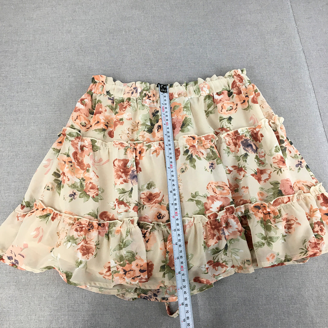 Ally Womens Tiered Mini Skirt Size 14 Cream Beige Pink Floral Elastic Waist