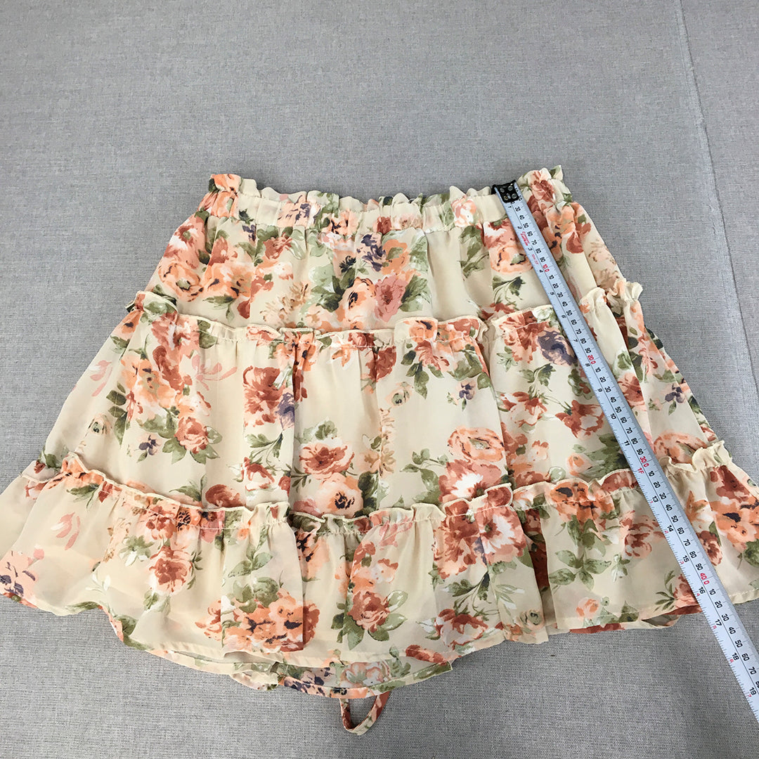 Ally Womens Tiered Mini Skirt Size 14 Cream Beige Pink Floral Elastic Waist