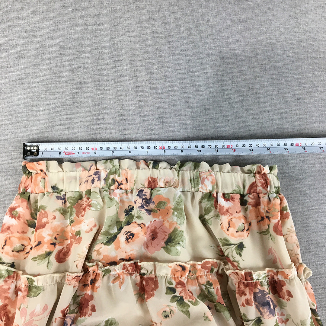 Ally Womens Tiered Mini Skirt Size 14 Cream Beige Pink Floral Elastic Waist