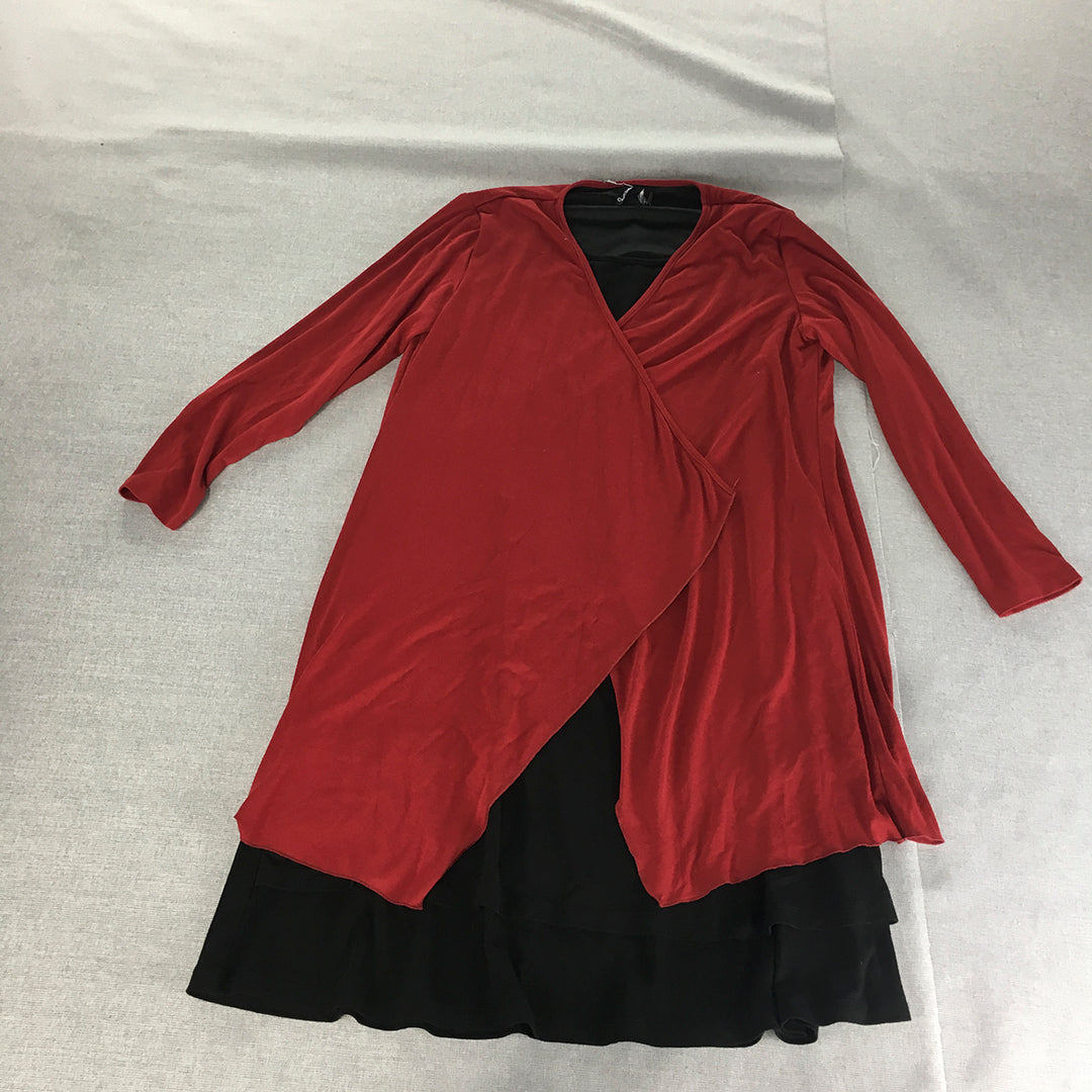 Cordelia St Womens Dress Size 16 Red Black Wrap Layered Long Sleeve Midi