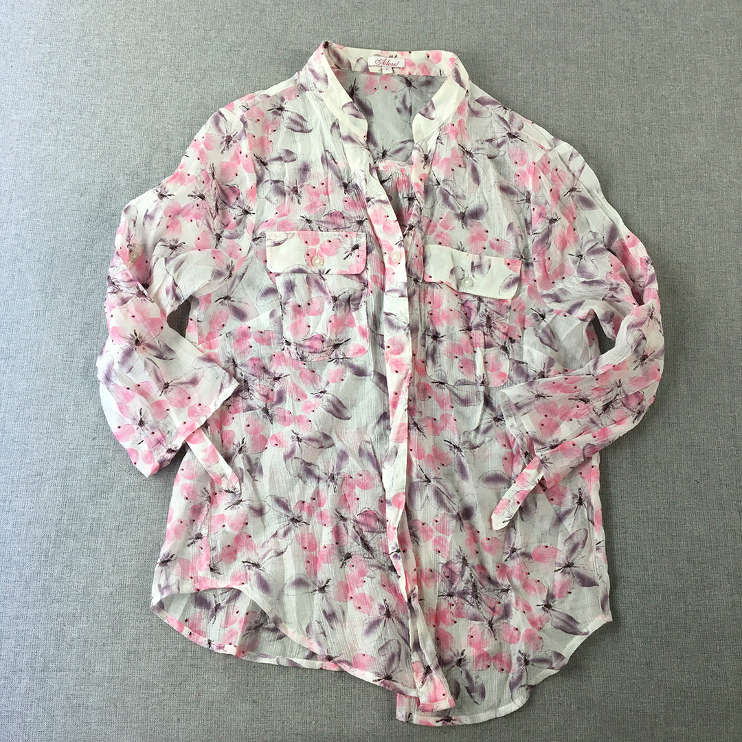 Adore! Womens Top Size L White Pink Purple Floral Long Sleeve Button-Up