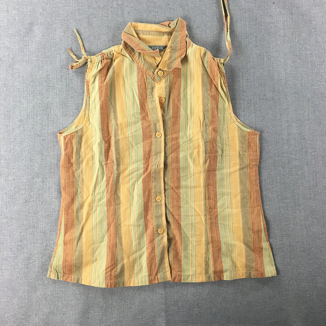 Ezpresso Womens Shirt Size L Brown Yellow Striped Button-Up Sleeveless Top