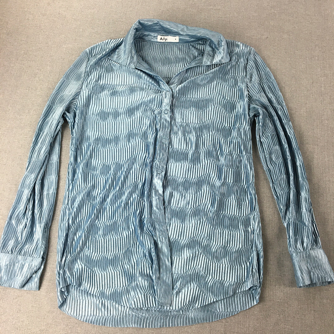 Ally Womens Pleated Shirt Size 8 Blue Long Sleeve Button-Up Collared Top