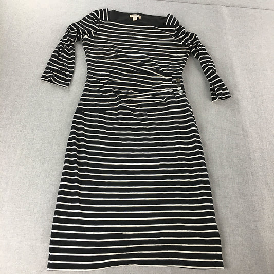 Queenspark Womens A-Line Dress Size 8 Black Striped Long Sleeve Midi