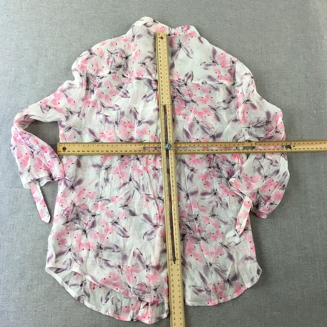 Adore! Womens Top Size L White Pink Purple Floral Long Sleeve Button-Up