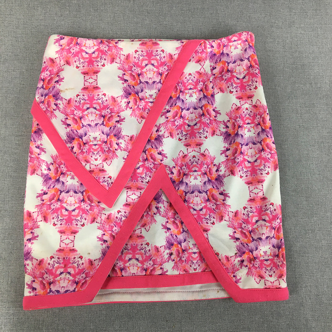 Mooloola Womens Mini Skirt Size 10 White Pink Psychedelic Pattern Lined