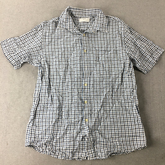 Uniqlo Mens Linen Shirt Size M Blue White Checkered Button-Up Short Sleeve