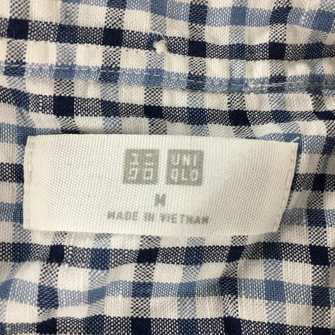 Uniqlo Mens Linen Shirt Size M Blue White Checkered Button-Up Short Sleeve