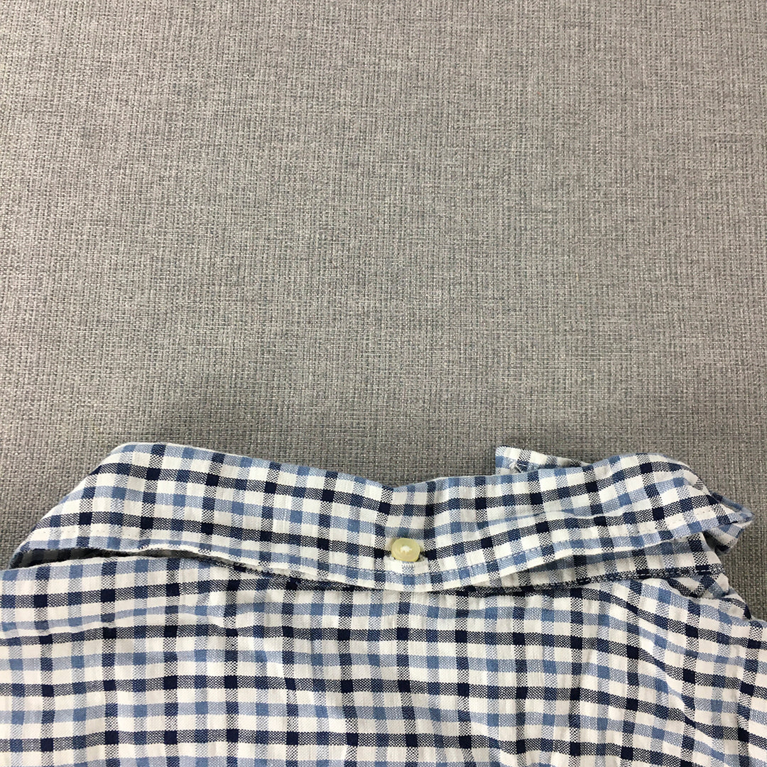 Uniqlo Mens Linen Shirt Size M Blue White Checkered Button-Up Short Sleeve