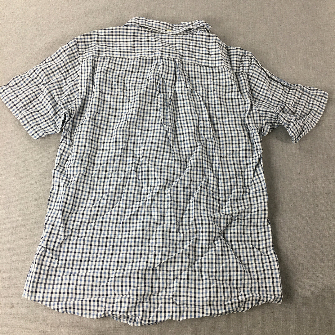 Uniqlo Mens Linen Shirt Size M Blue White Checkered Button-Up Short Sleeve