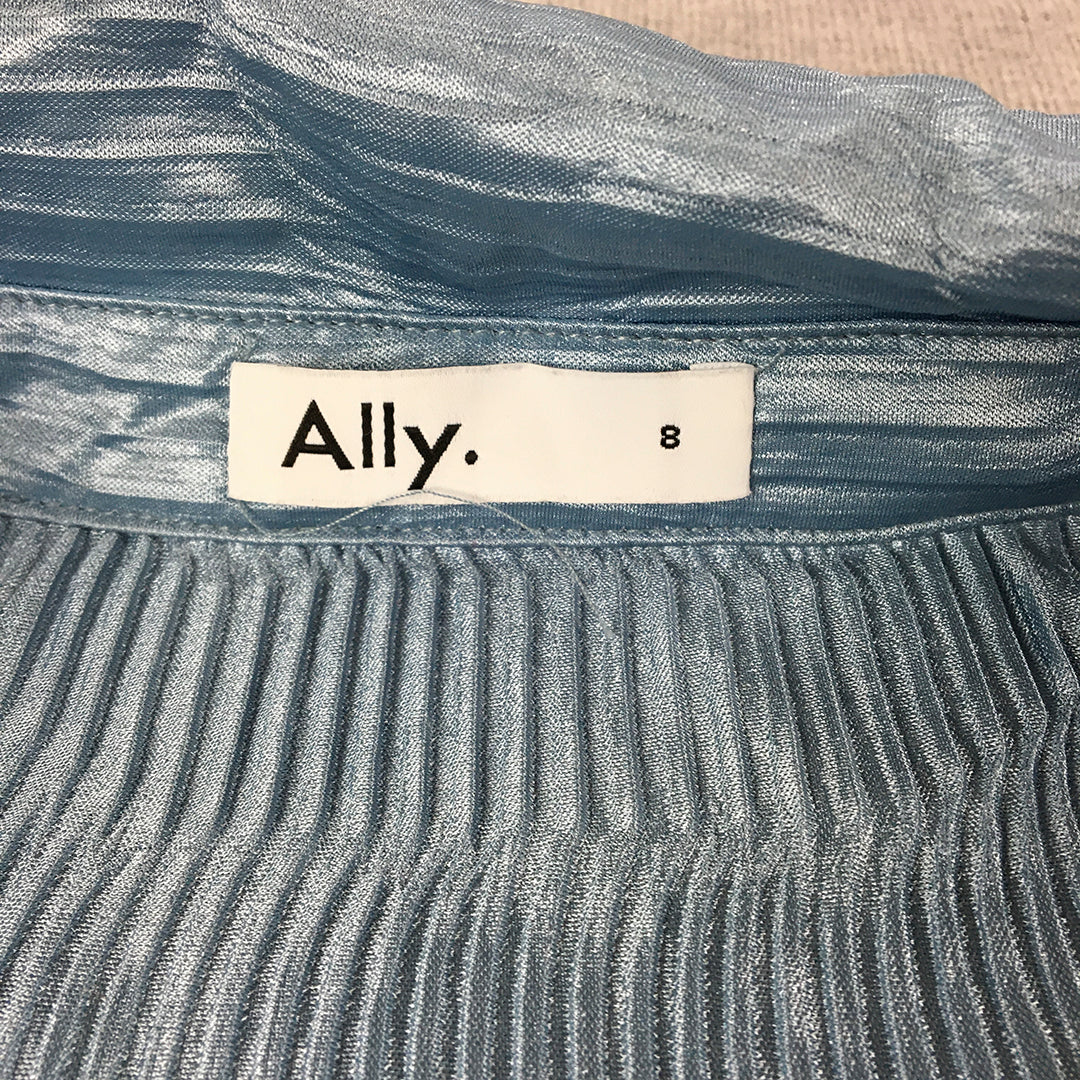 Ally Womens Pleated Shirt Size 8 Blue Long Sleeve Button-Up Collared Top