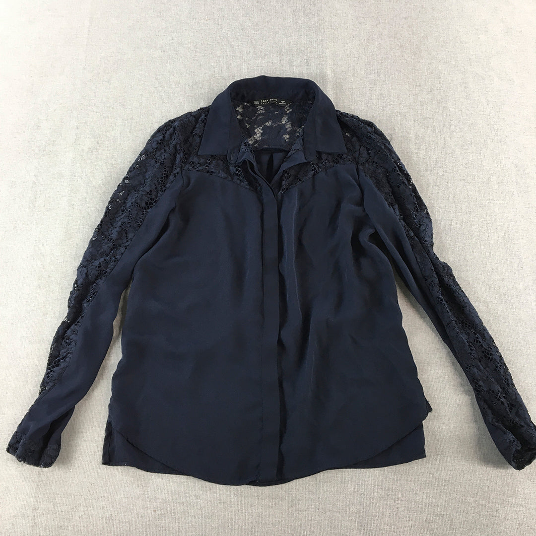 Zara Womens Shirt Size M Navy Blue Long Sleeve Floral Lace Button-Up