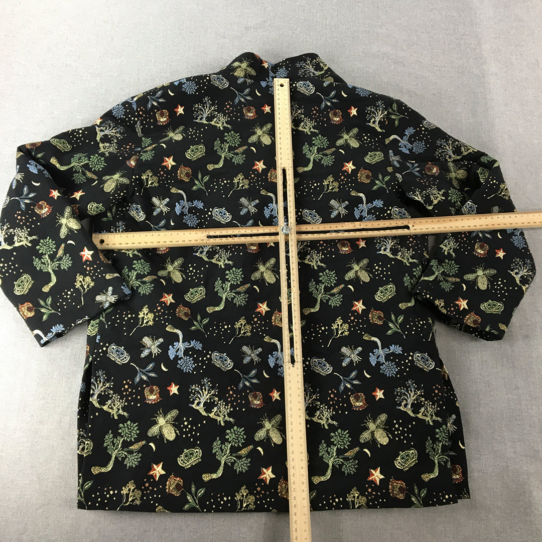 H&M Womens Blazer Jacket Size S Black Floral Button Collared Coat