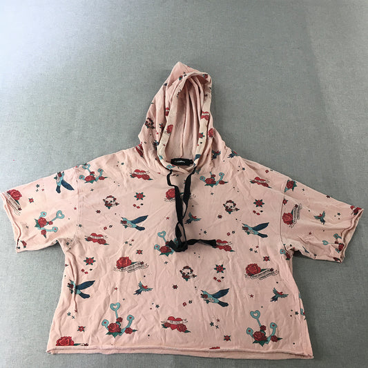 Valleygirl Womens Hoodie Shirt Size L Pink Anchor Heart Bird Tattoo Pullover