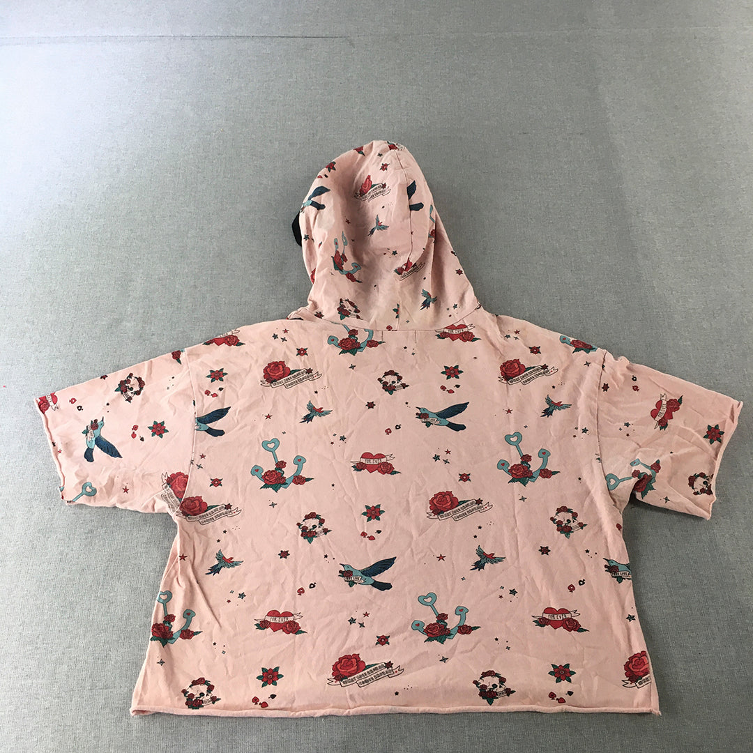 Valleygirl Womens Hoodie Shirt Size L Pink Anchor Heart Bird Tattoo Pullover