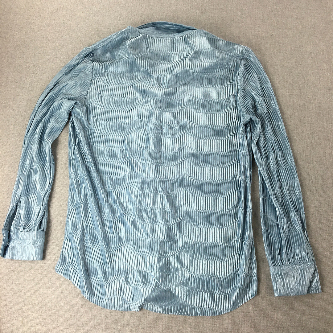 Ally Womens Pleated Shirt Size 8 Blue Long Sleeve Button-Up Collared Top