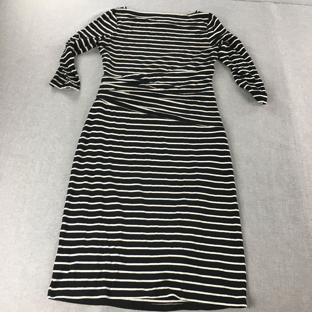 Queenspark Womens A-Line Dress Size 8 Black Striped Long Sleeve Midi