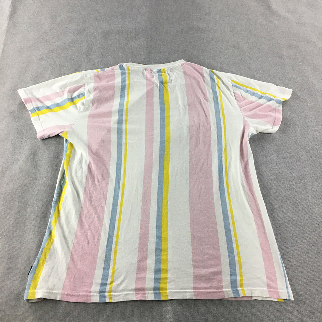 WXYZ Mens T-Shirt Size M White Pink Yellow Striped Short Sleeve Tee