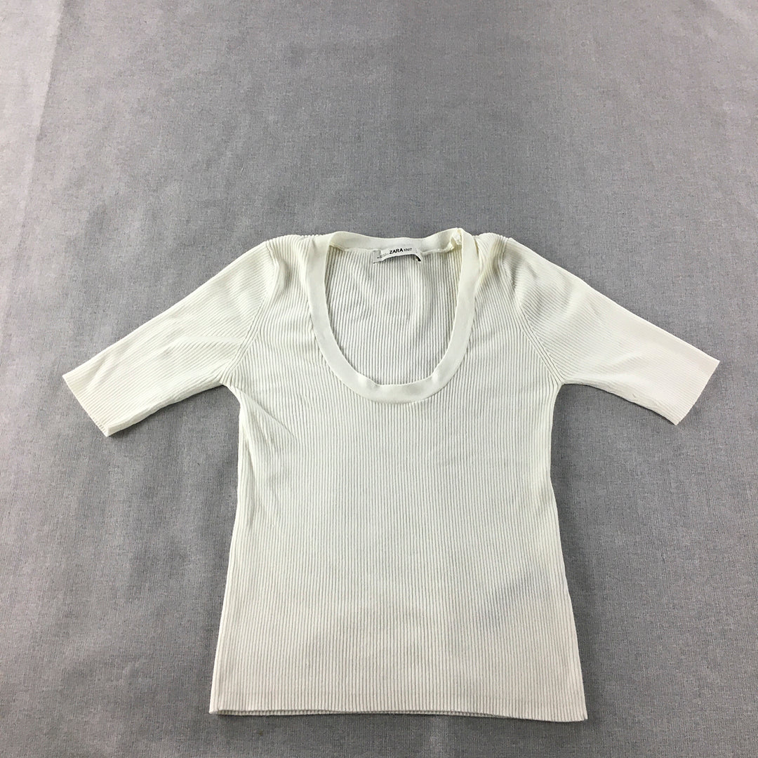 Zara Womens Knit Top Size S White Scoop Neck Short Sleeve Stretch Fabric