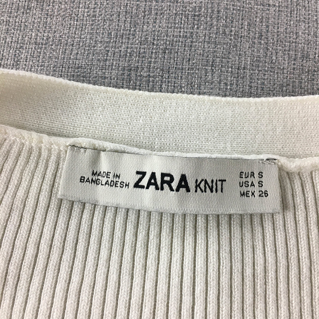 Zara Womens Knit Top Size S White Scoop Neck Short Sleeve Stretch Fabric