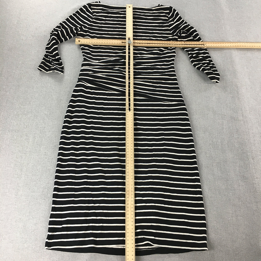 Queenspark Womens A-Line Dress Size 8 Black Striped Long Sleeve Midi