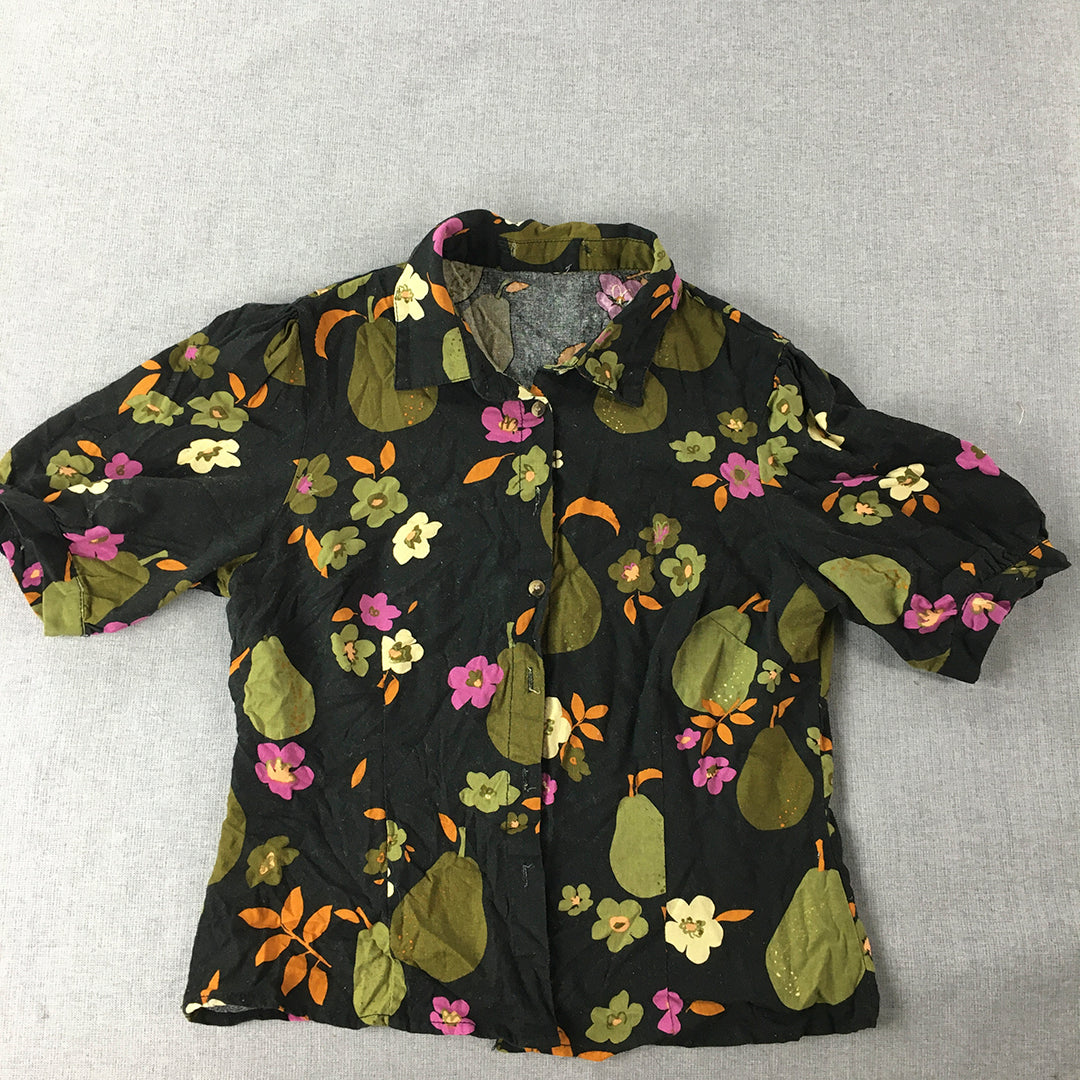 Aloha Hawaii Womens Linen Shirt Size S Black Green Pear Floral Button-Up