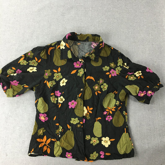 Aloha Hawaii Womens Linen Shirt Size S Black Green Pear Floral Button-Up