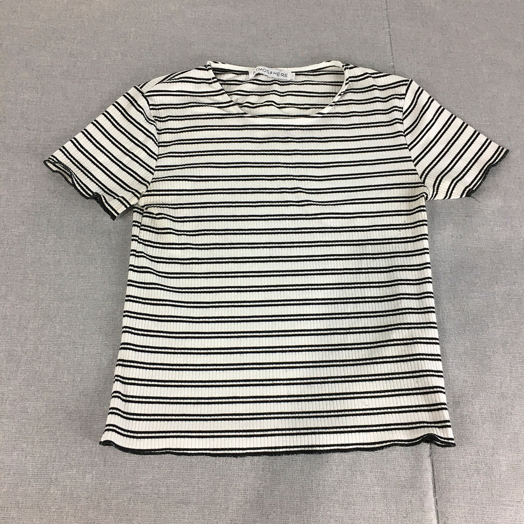 Atmos & Here Womens T-Shirt Size 8 White Striped Knit Stretch Short Sleeve Top