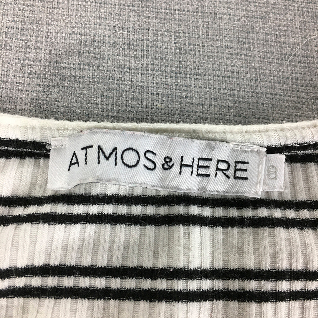 Atmos & Here Womens T-Shirt Size 8 White Striped Knit Stretch Short Sleeve Top