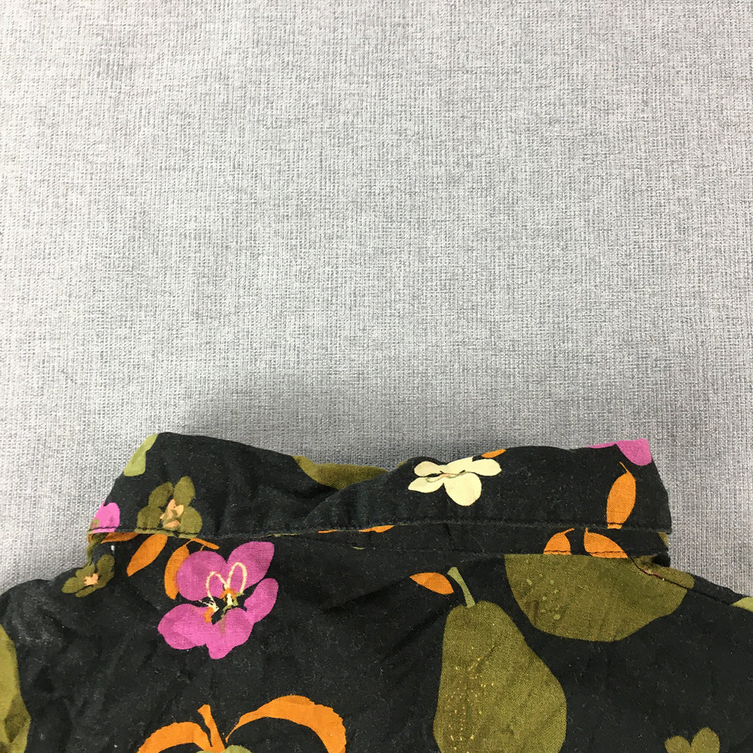 Aloha Hawaii Womens Linen Shirt Size S Black Green Pear Floral Button-Up