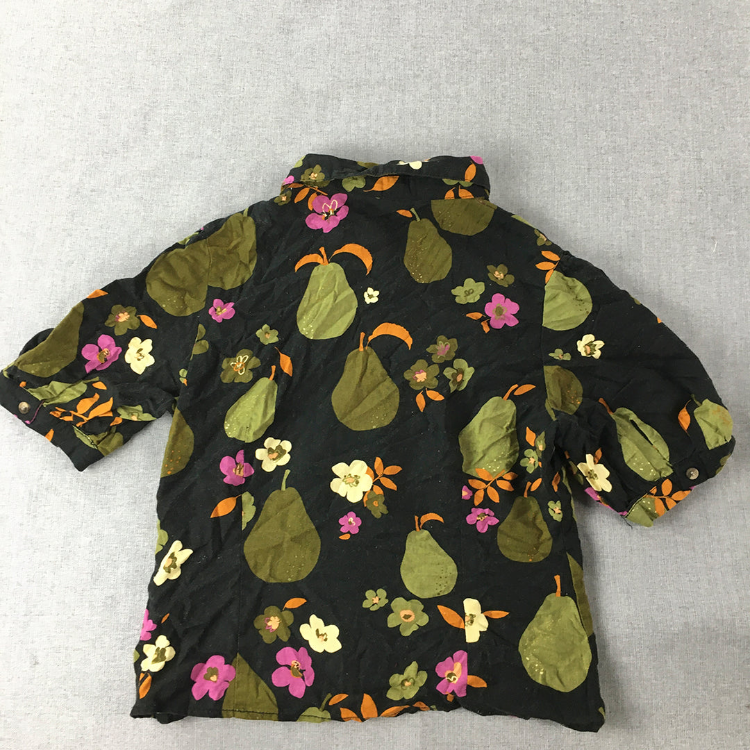 Aloha Hawaii Womens Linen Shirt Size S Black Green Pear Floral Button-Up