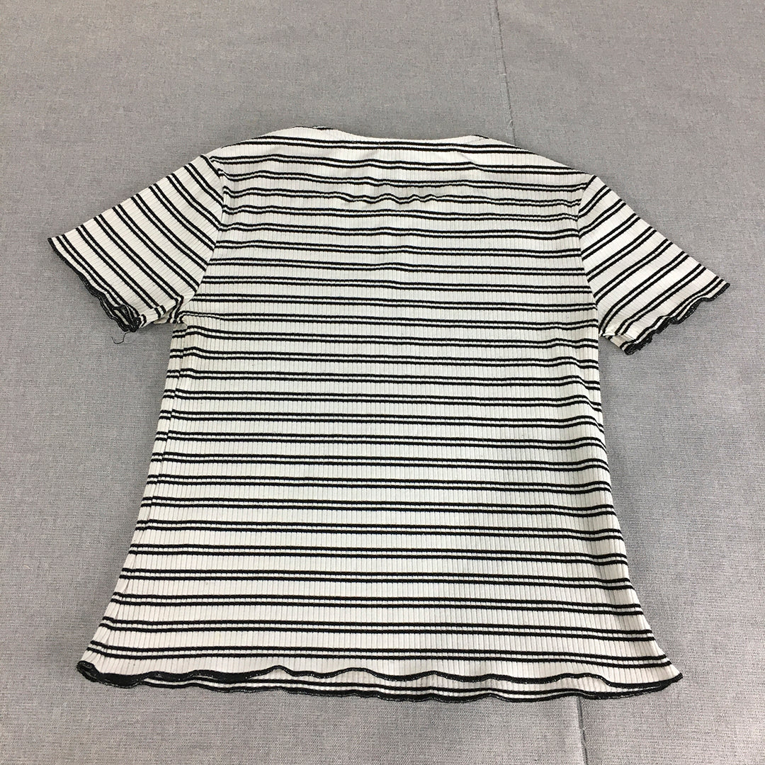 Atmos & Here Womens T-Shirt Size 8 White Striped Knit Stretch Short Sleeve Top