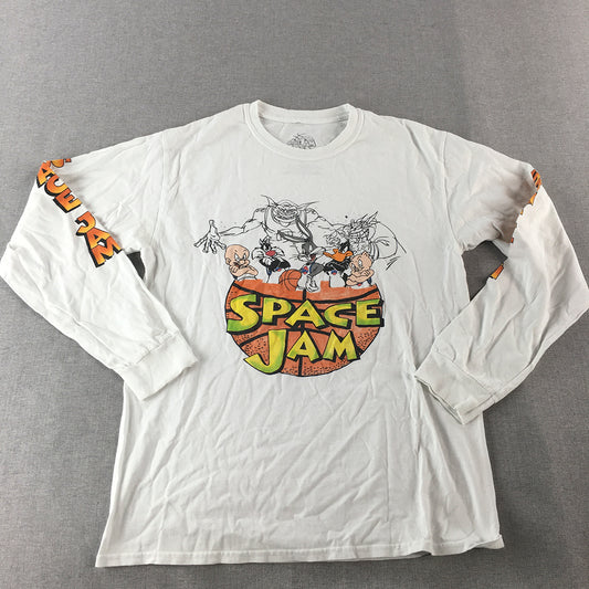 Space Jam Mens Shirt Size M White Long Sleeve Pullover Basketball Logo