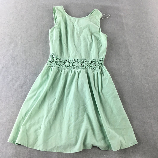 Paper Scissors Womens Linen Mini Dress Size 10 Green Pleated Floral Fit & Flare