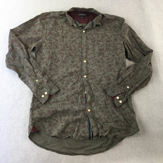 Zara Man Linen Shirt Size L Slim Fit Green Red Floral Long Sleeve Button-Up