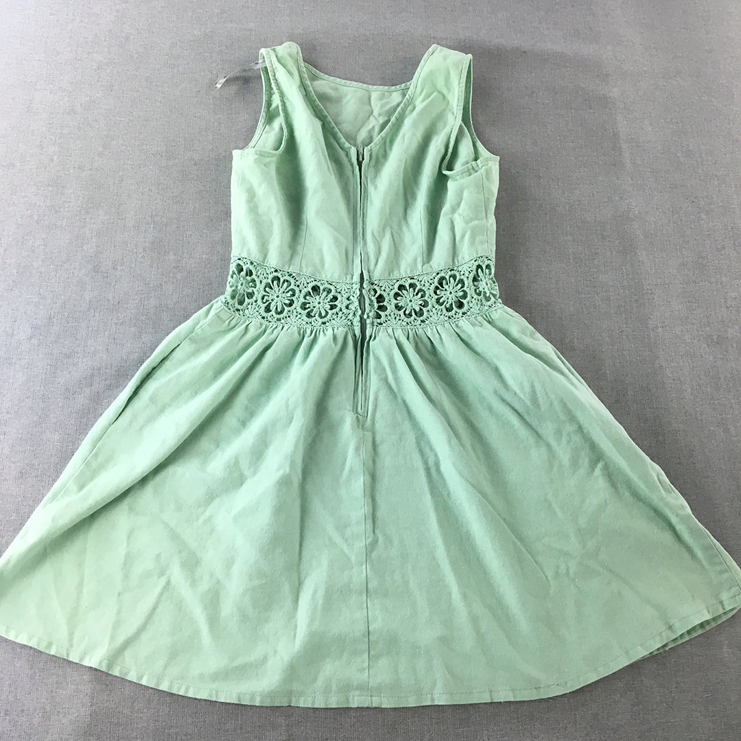 Paper Scissors Womens Linen Mini Dress Size 10 Green Pleated Floral Fit & Flare