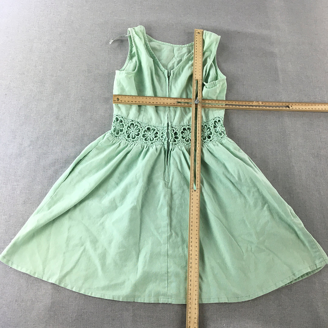 Paper Scissors Womens Linen Mini Dress Size 10 Green Pleated Floral Fit & Flare