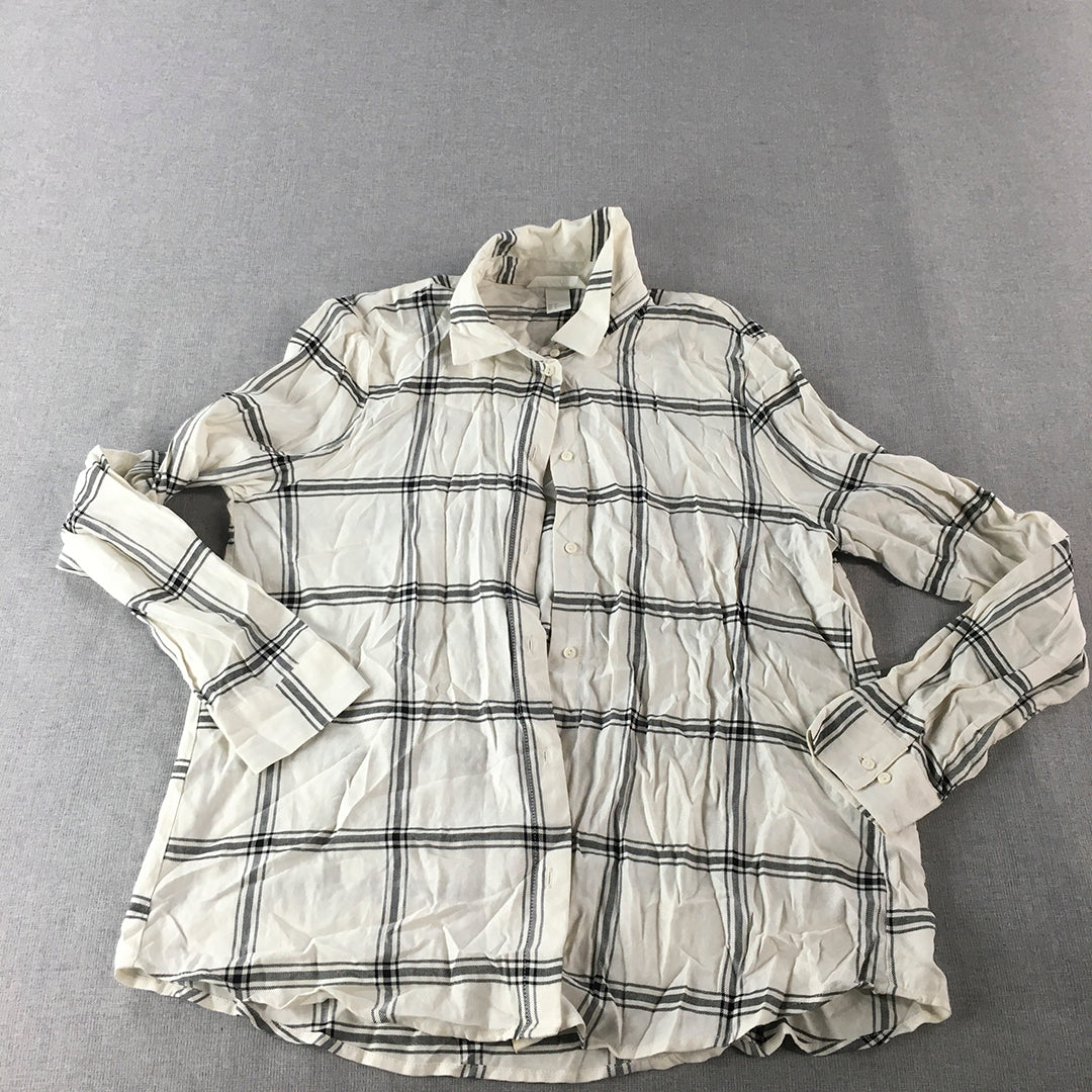 H&M Womens Top Size 4 White Checkered Long Sleeve Button-Up Shirt