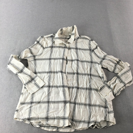 H&M Womens Top Size 4 White Checkered Long Sleeve Button-Up Shirt